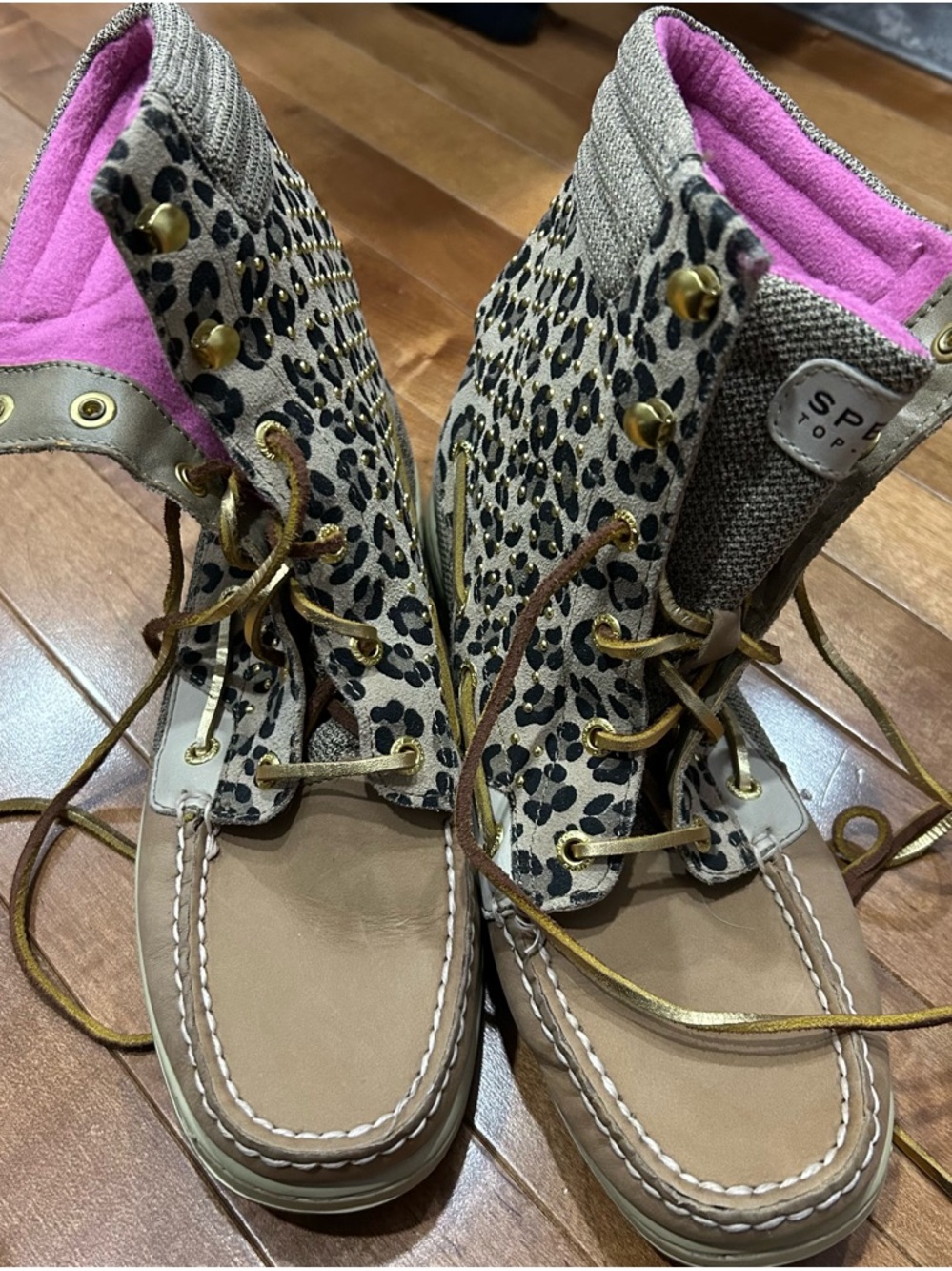 Sperry Women's Leopard Print Lace-Up Duck Boots with Pink Lining